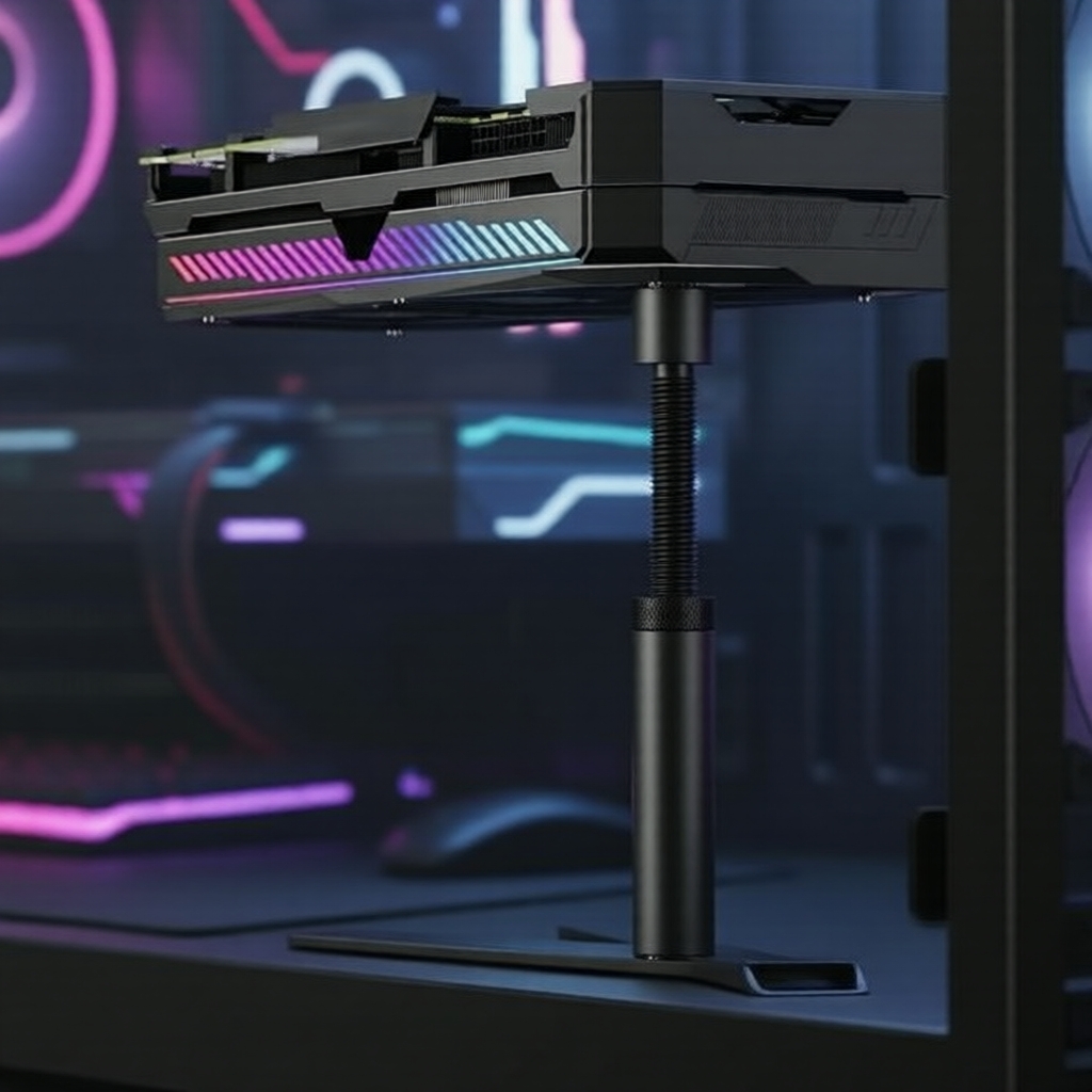 Suporte telescópico ajustável para suporte de placa de vídeo magnética GPU.