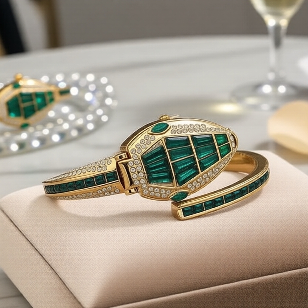 Relógio de Quartzo Feminino de Luxo, Pulseira Estilo Cobra com Diamantes Coloridos