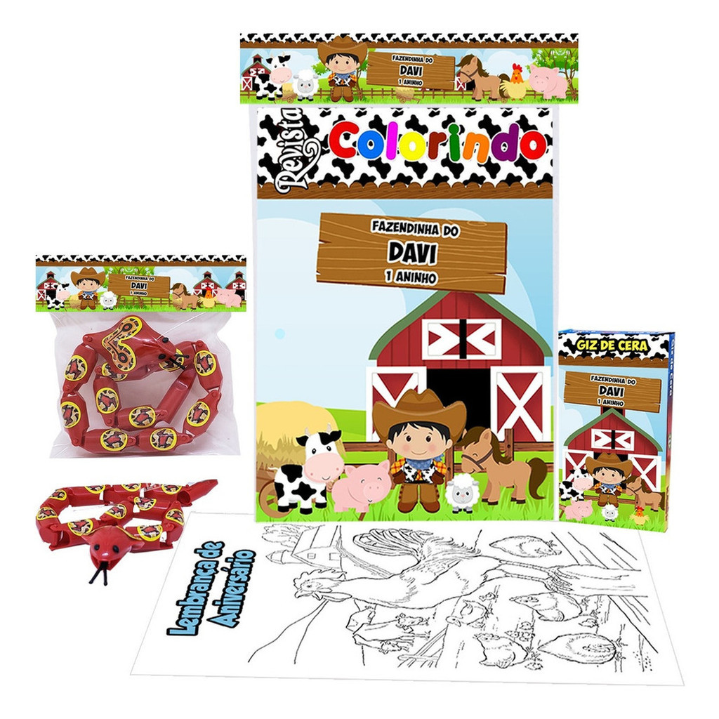5 Livro de Pintar + Giz de Cera + Cobra Maluca Fazenda Fazendinha Lembrancinhas Aniversário Infantil