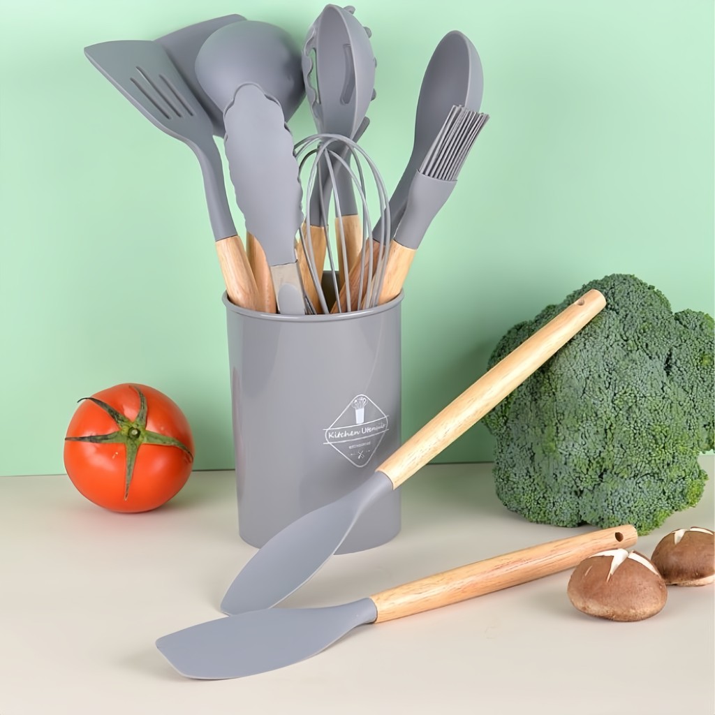 12 Kits De Utensílios De Cozinha De Silicone Cinza , Leves , Embalados Em Saco Bolha E Caixa Colorida Com Etiqueta-Duráv