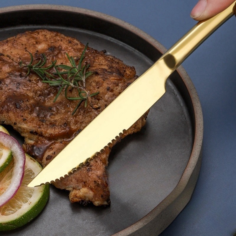 Faca De Bife Dourada De 12 Peças Ideal Para Churrasco