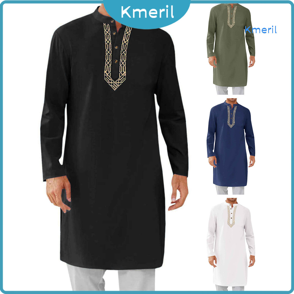 [kmeril] Robe Kaftan Masculino , Gola Redonda , Manga Comprida , Abaya , Respirável , Com Botões , Thobe Árabe , Ihram ,