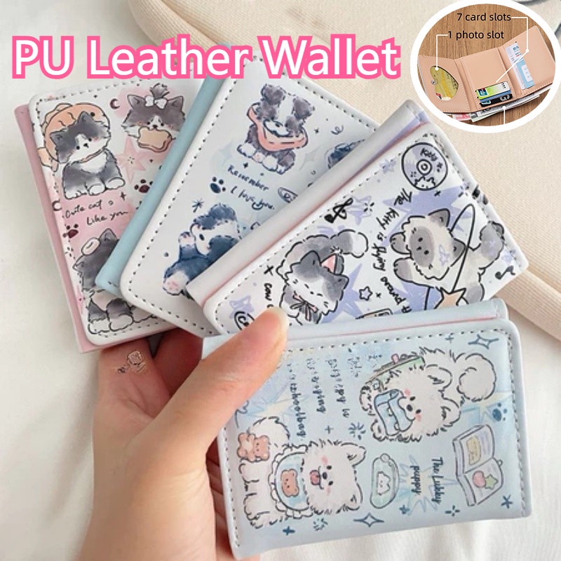 Carteira Feminina De Couro PU , Bolsa De Moedas , Simples , 3 Dobras , Compartimentos Para Vários Cartões , Porta-Gato F