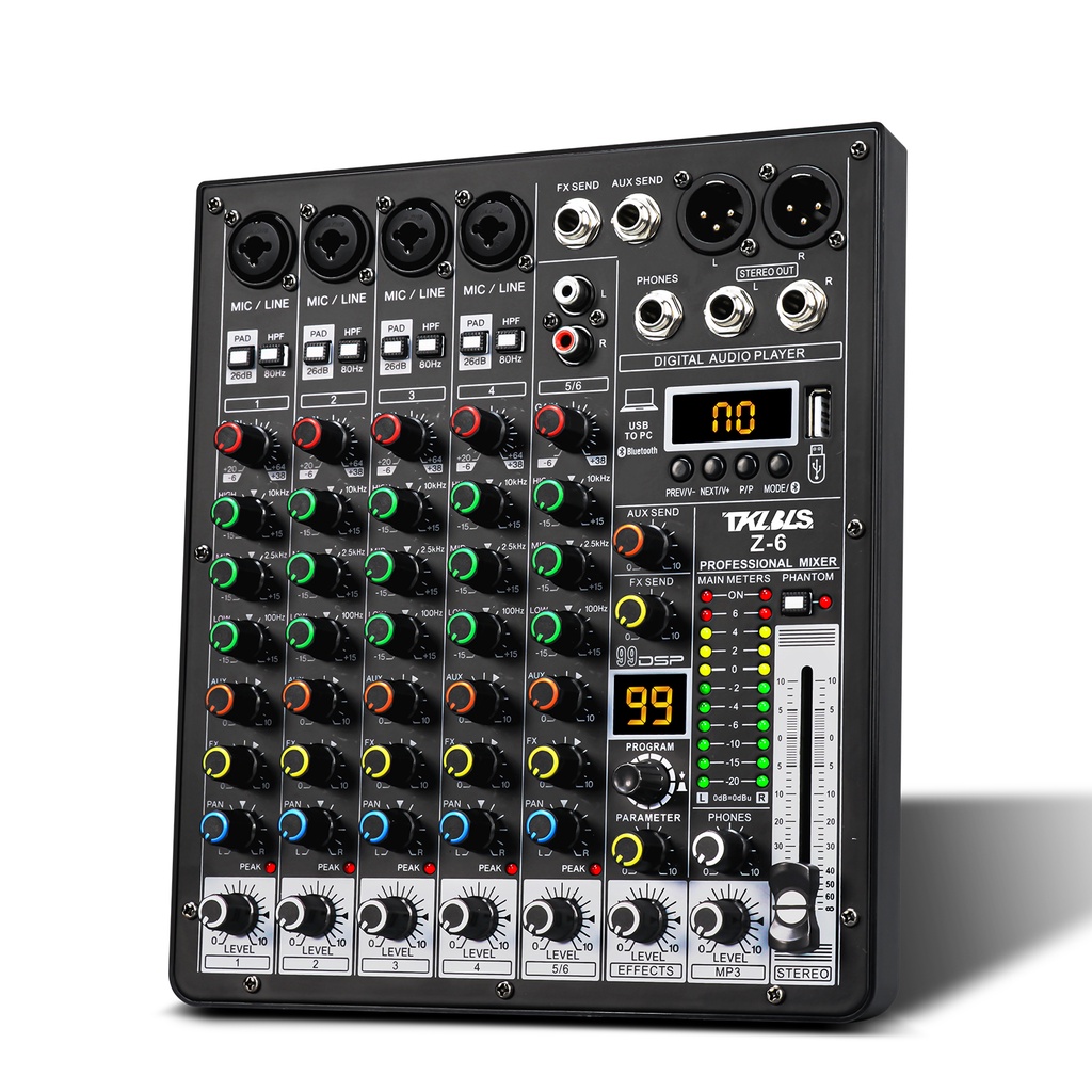 Mesa de som Z6 6 canais Com Mixer 99Efeitos alimentação Bluetooth PC 48v Mp3  USB 110V/220V