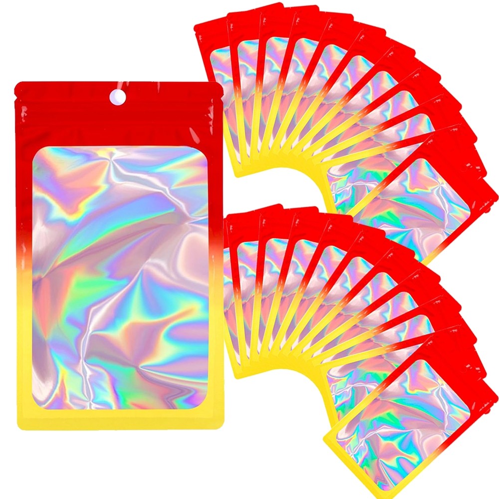 Saco especial de jóias para jóias lanches gradiente efeito holográfico com zíper selável janelas transparentes Display c