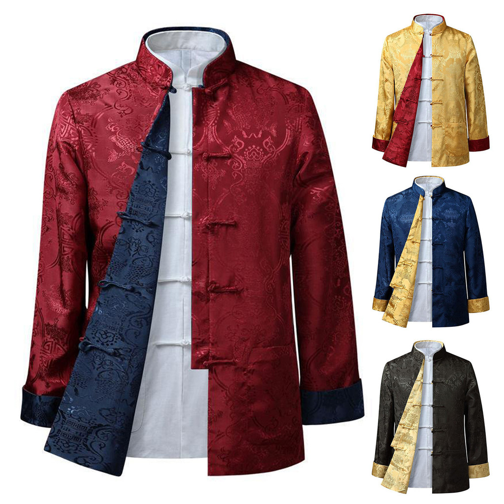 [LHO] Tang Suit Coat Retro Manga Comprida Reversível Estilo Chinês Roupas Tradicionais Manter Quente Gola Camisa Chinesa