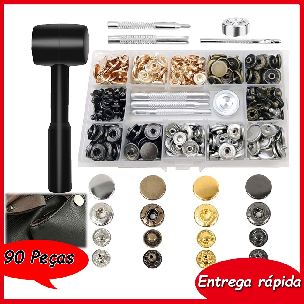 Kit de pressão de metal 90 peças de botões de pressão pinos de pressão com ferramenta de fixação artesanato de couro