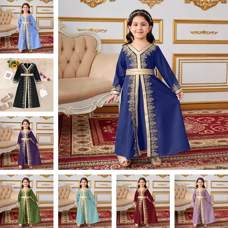 Meninas Muçulmano Ramadan Abaya Crianças Manga Longa Com Decote Em V Vestido De Oração Oriente Médio Árabe Kaftan Cinto