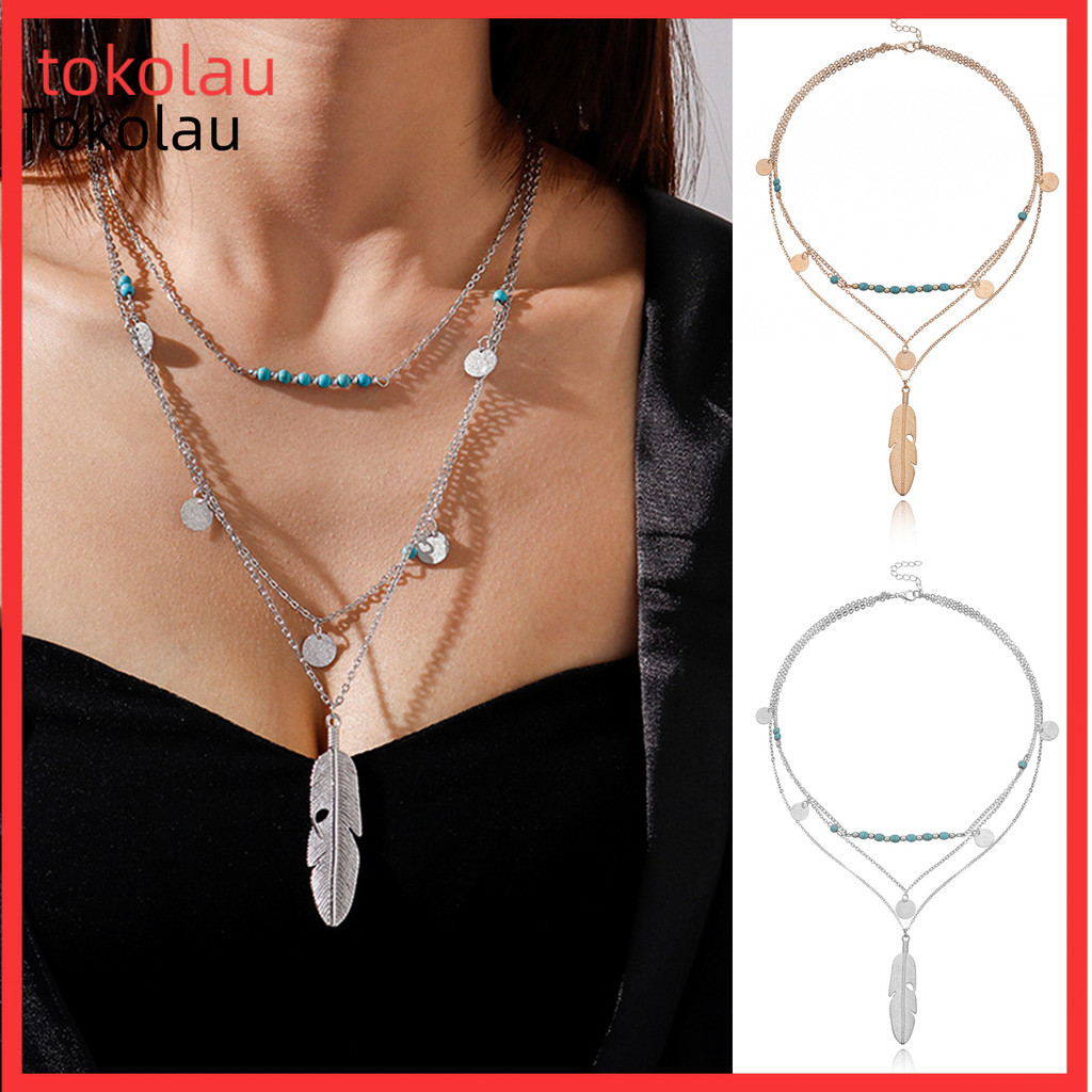 Colar Longo Em Camadas Para Mulheres , Pedra Turquesa , Lantejoulas , Penas , Contas , Suéter , Corrente