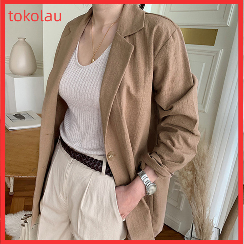 Blazer Feminino Casual Com Um Botão De Algodão E Linho , Manga Comprida , Casaco OL , De Trabalho Para Pr