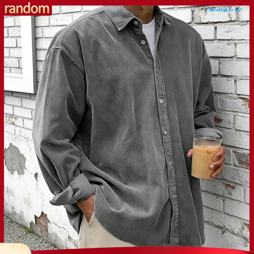 [RAN] Camisa Masculina De Veludo Cotelê Com Botões , Manga Comprida , Lapela , Clássica , Cor Sólida , Solta , Casual , 