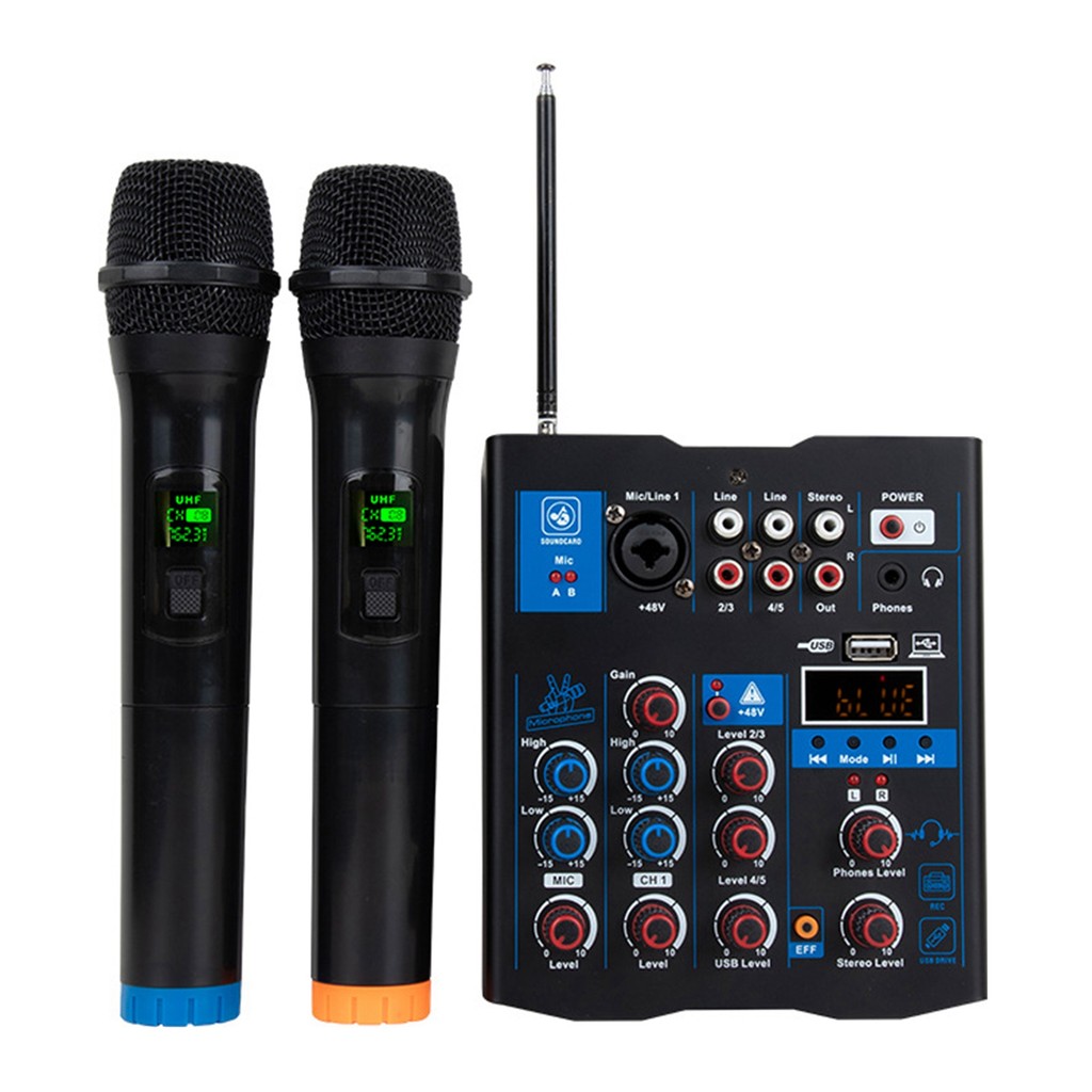 Mixer De Áudio Profissional Com Microfone Sem Fio Duplo , Interface Do Sistema De Console De Placa De Som DJ De 4 Canais