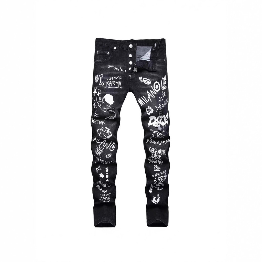D2 American Graffiti Print Jeans Masculino Marca Rasgado Slim-fit Calça Casual Reta