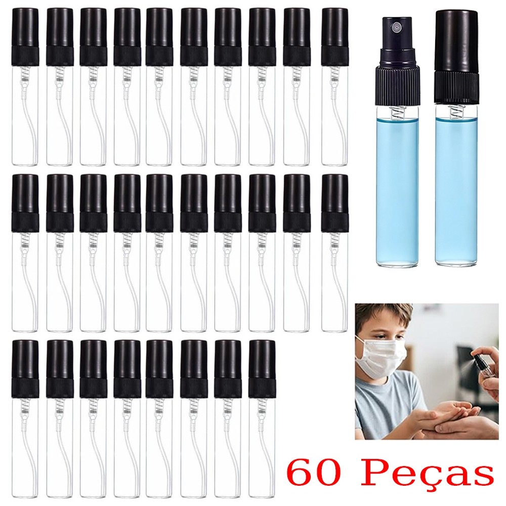 60 peças 5ml frasco de Spray de vidro transparente com bico de névoa fina preta, adequado para óleo essencial DIY