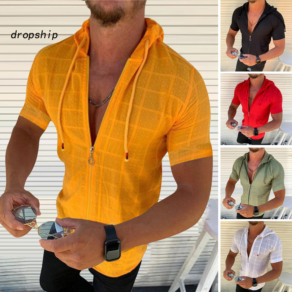 DROP-Camiseta Masculina Com Capuz De Manga Curta Verificada Zíper Casual Fina De Verão Para Esportes Lazer Ao Ar Livre P