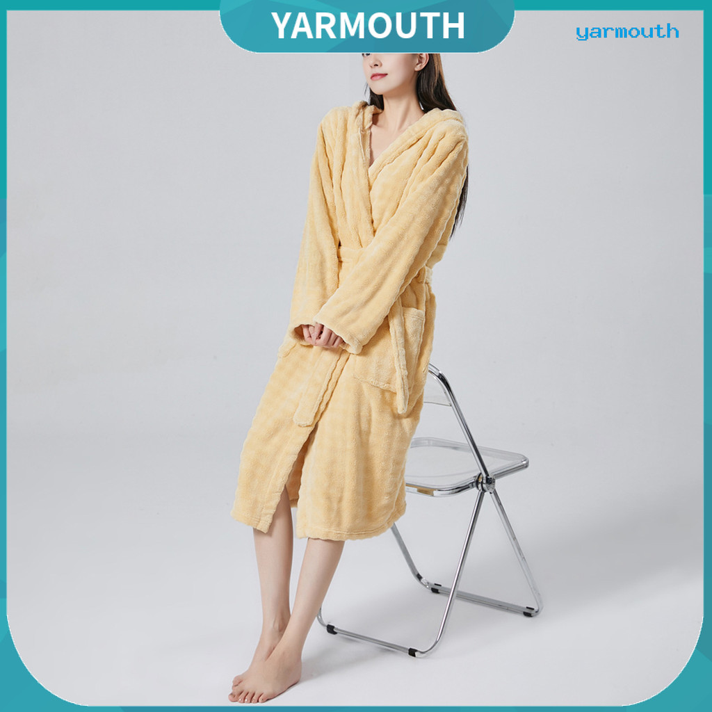 [YAR] Robe De Lã De Pelúcia Para Mulheres , Roupão Macio Com Capuz Longo De Inverno , Roupa De Dormir Grossa E Quente Bo