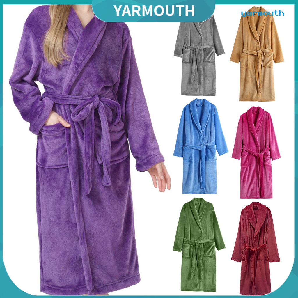 [YAR] Roupão De Flanela Feminino Grosso E Quente Lã Com Bolsos Inverno Macio Pelúcia Camisola Longa Pijamas