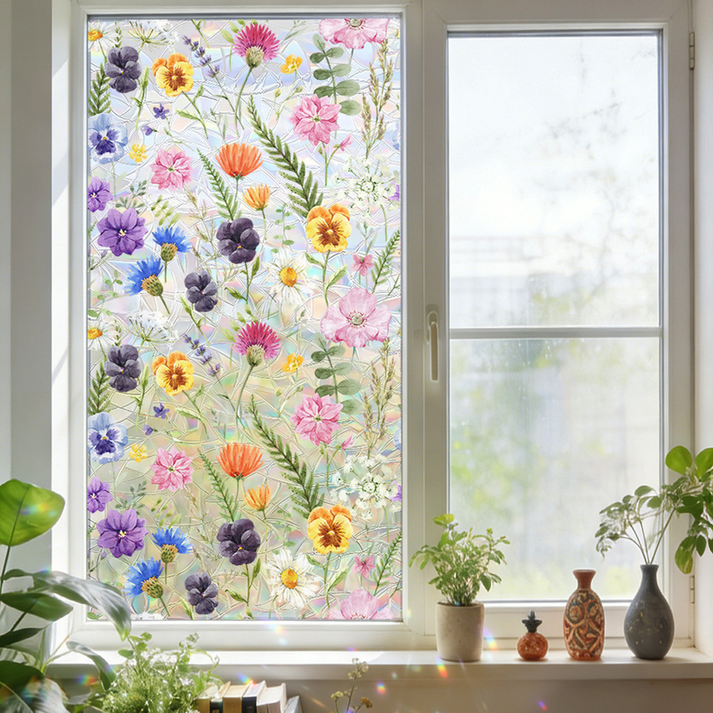 Shenhua Filme Para Janela De Vitral Floral Arco-Íris Adesivo Decorativo Bloqueio Solar Vidro Estático Removível Banheiro