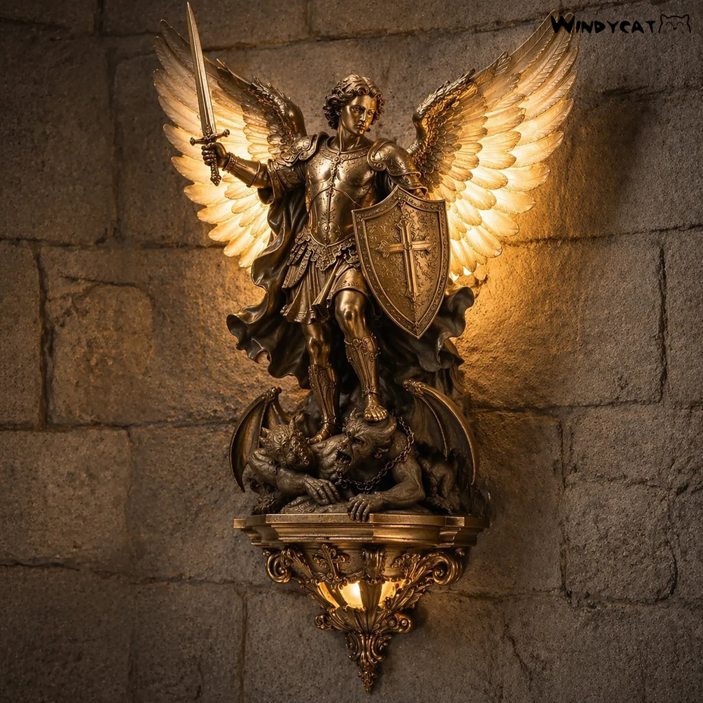 Windycat Arcanjo Michael Lâmpada De Parede Vintage Resina LED Arandela Medieval Gótico Anjo Da Guarda Arte Decorativa Pa