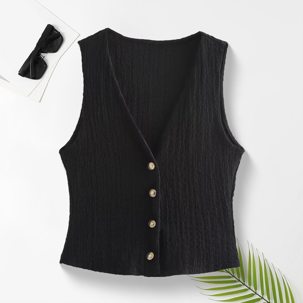 [CTO] Colete Feminino Vintage Regata Crop Top Com Decote Em V Botão Retrô Casual Sem Mangas Cardigã