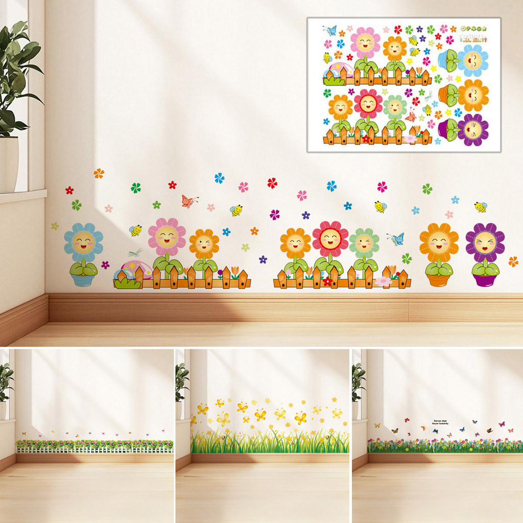 Shenhua Adesivo De Canto De Parede Floral De Grama Verde Flores Borboletas Rodapé Linha De Decalques Para Sala De Estar