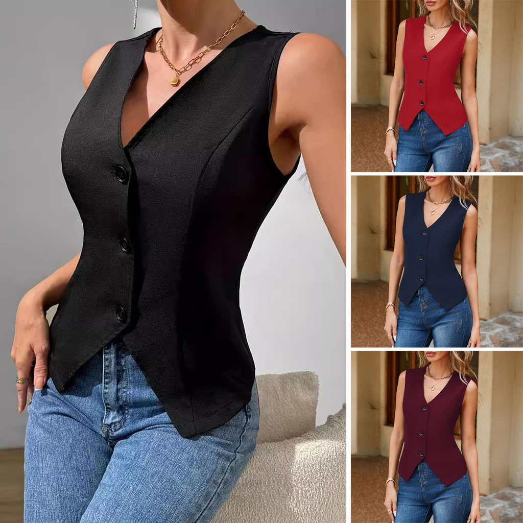 [CTO] Terno Feminino Elegante Colete Com Decote Em V Botão Para Baixo Blazer Sem Mangas Crop Top Slim Fit Roupa De Escri