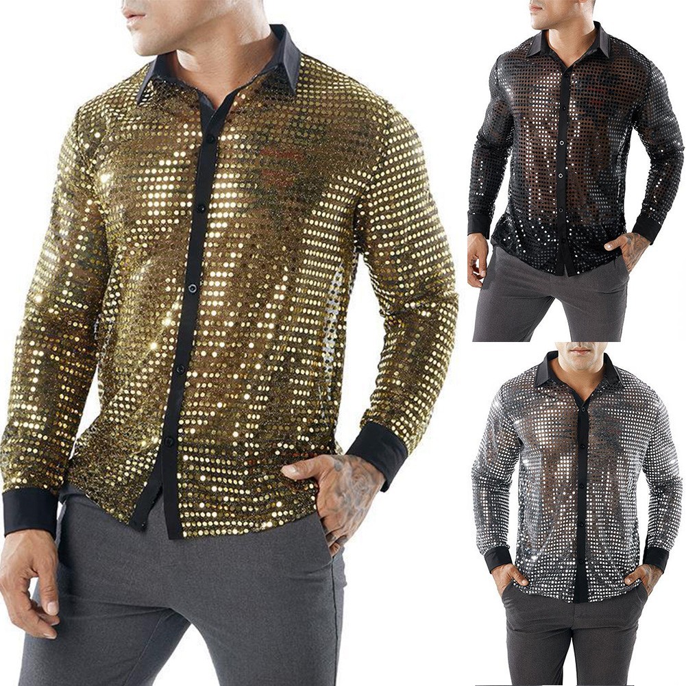 [HOT] Camisas Masculinas De Lantejoulas Brilhantes Para Festa E Dança Retrô Dos Anos 70 , Discoteca , Boate