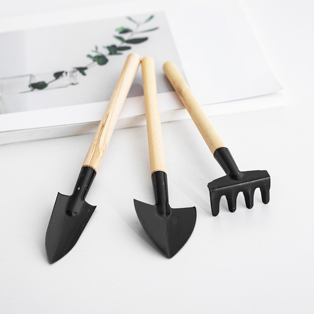 [SKI] 3 Unidades/Conjunto Pequenas Ferramentas De Jardinagem Cabo De Madeira Pá Manual Ancinho Espátula Manuais De Metal