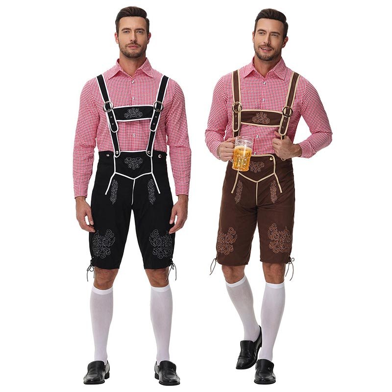 Homens Alemão Oktoberfest Lederhosen Traje De Manga Curta Camisa Xadrez Suspensórios Conjunto Cerveja Festival Masculino