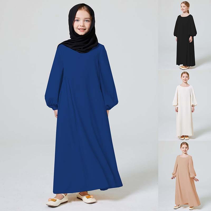Crianças Abaya Ramadan Muçulmano Dubai Elegante Menina Sólida Gola Redonda Manga Longa Kaftan Kebaya Vestido Para Festa