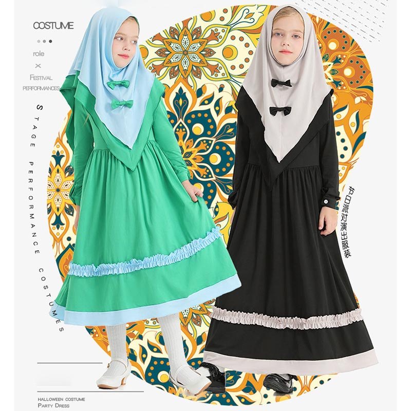 Meninas Vestido Muçulmano Crianças De Oração Hijab Abaya Robe Árabe Dubai Ramadan Kaftan Lenço Islâmico Eid Festa