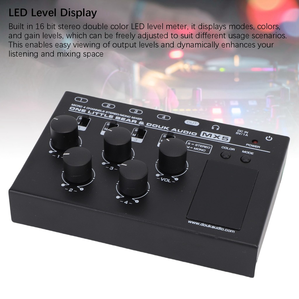 fgstbr Mini Mixer De 4 Canais Com Display De Nível LED Estéreo Mono Som De Baixo Ruído Para PC CD Player Pré-Amplificado