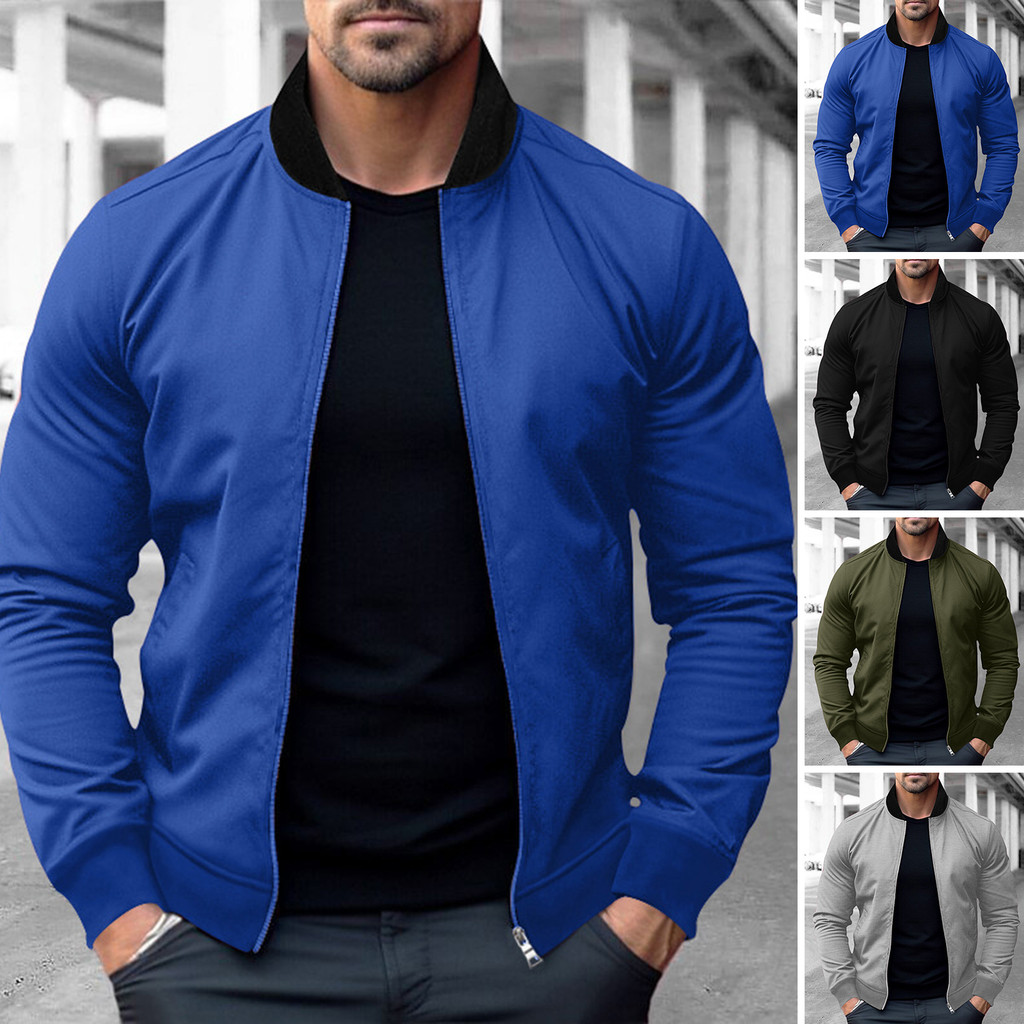 Supperbig Jaqueta Masculina Slim Fit Com Zíper Completo Manga Comprida Casaco Cor Sólida Primavera Outono Casual Uniform