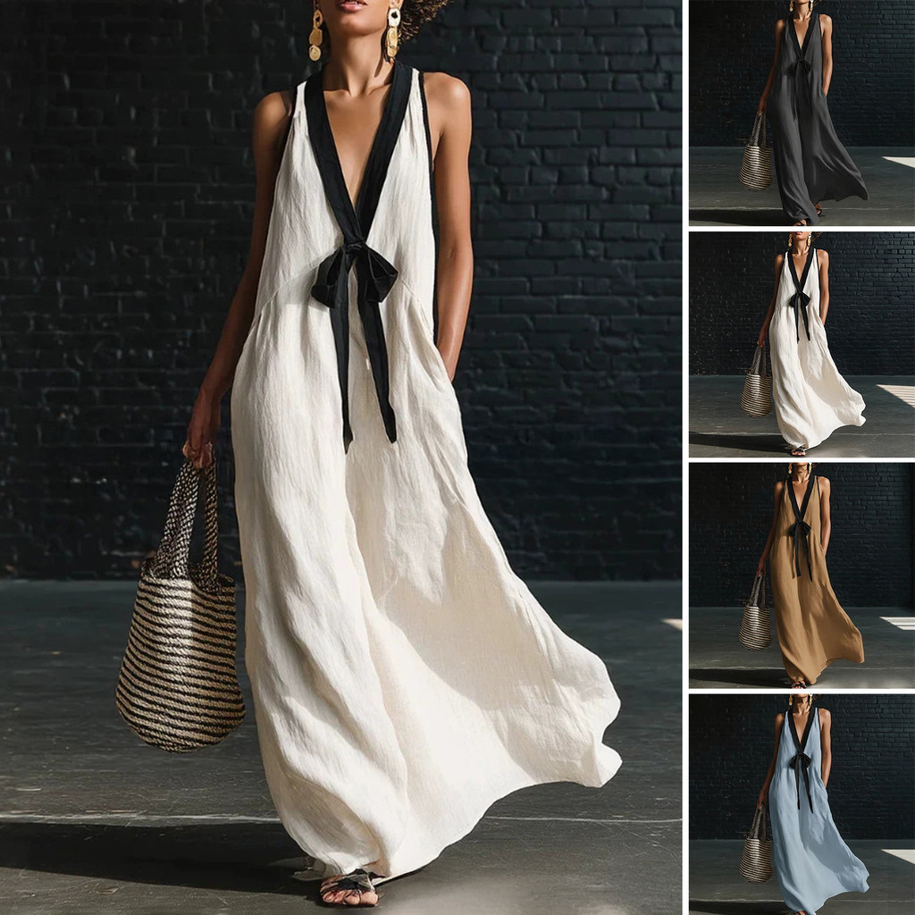 [CTO] Vestido Feminino Colorido Bloco Profundo Decote Em V Maxi Sem Mangas Fluido Solto Longo Regata Verão Praia Férias