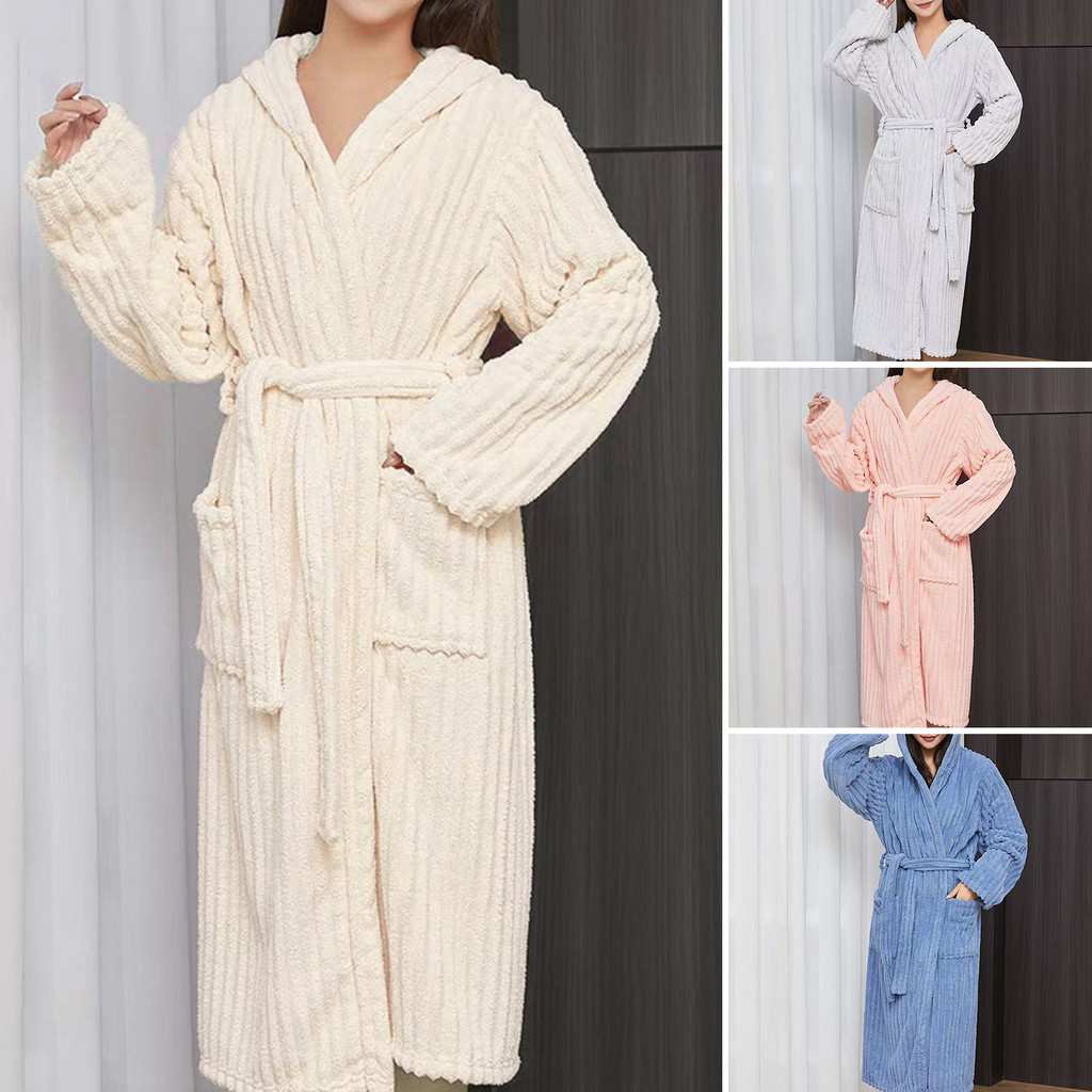 [hica] Roupão Feminino De Pelúcia Com Capuz Macio , Lã Quente , Sherpa , Felpudo , Spa , Fofo , Grosso , Camisola Bolsos
