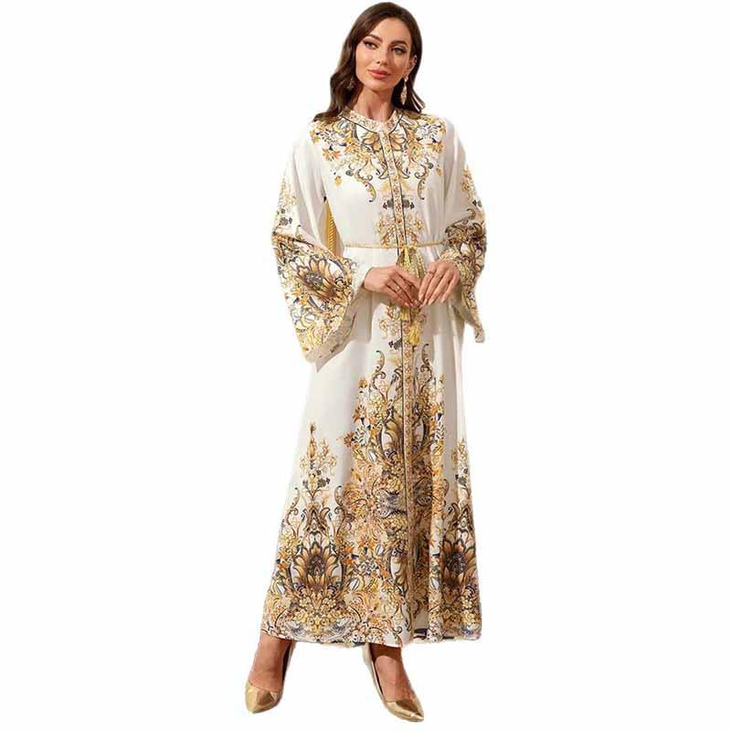 Vestido Maxi Modesto Do Oriente Médio-Kaftan Marroquino Muçulmano Abaya Para Mulheres Eid Bordado Dourado Roupa Tradicio