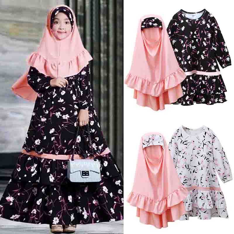 Meninas Muçulmanas Abaya Hijab Maxi Vestido De Oração Impresso Conjunto Crianças Islâmico Árabe Robe Kaftan Lenço Turqui
