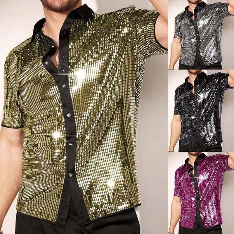 Camisa Masculina De Desempenho , Manga Comprida , Cetim , Festa Em Clube , 70s , Discoteca , Palco , Show