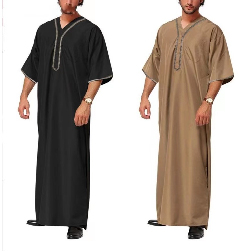 Homens Islâmico Muçulmano Kaftan Meia Manga Cor Sólida Decote Em V Roupões Vintage Casual Dubai Arábia Saudita Masculino