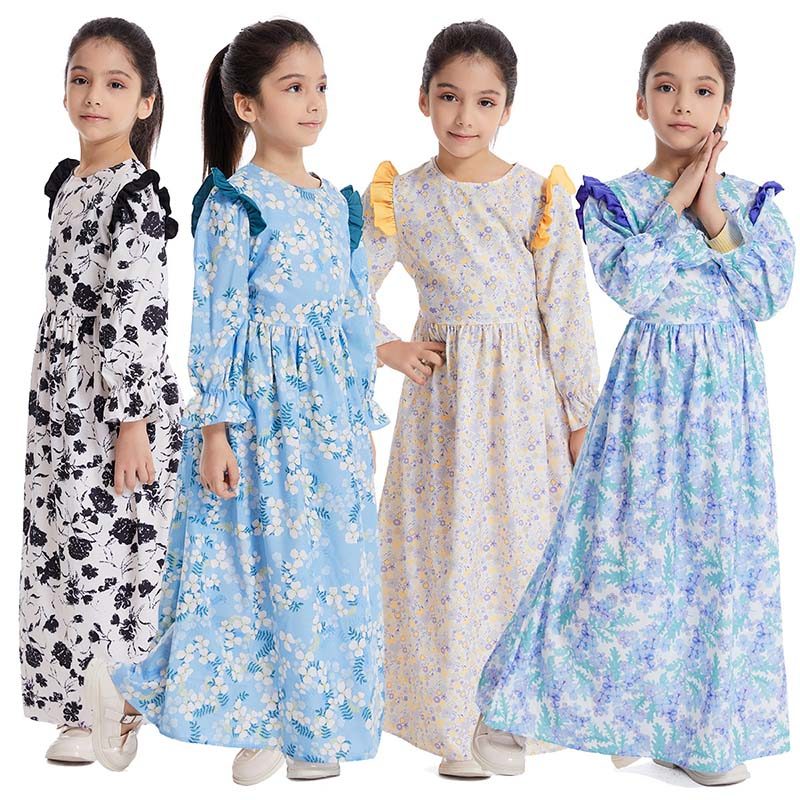 Criança Muçulmano Abaya Floral Impresso Meninas Longo Maxi Vestido Turquia Árabe Kaftan Festa Islâmica Feriado Robe