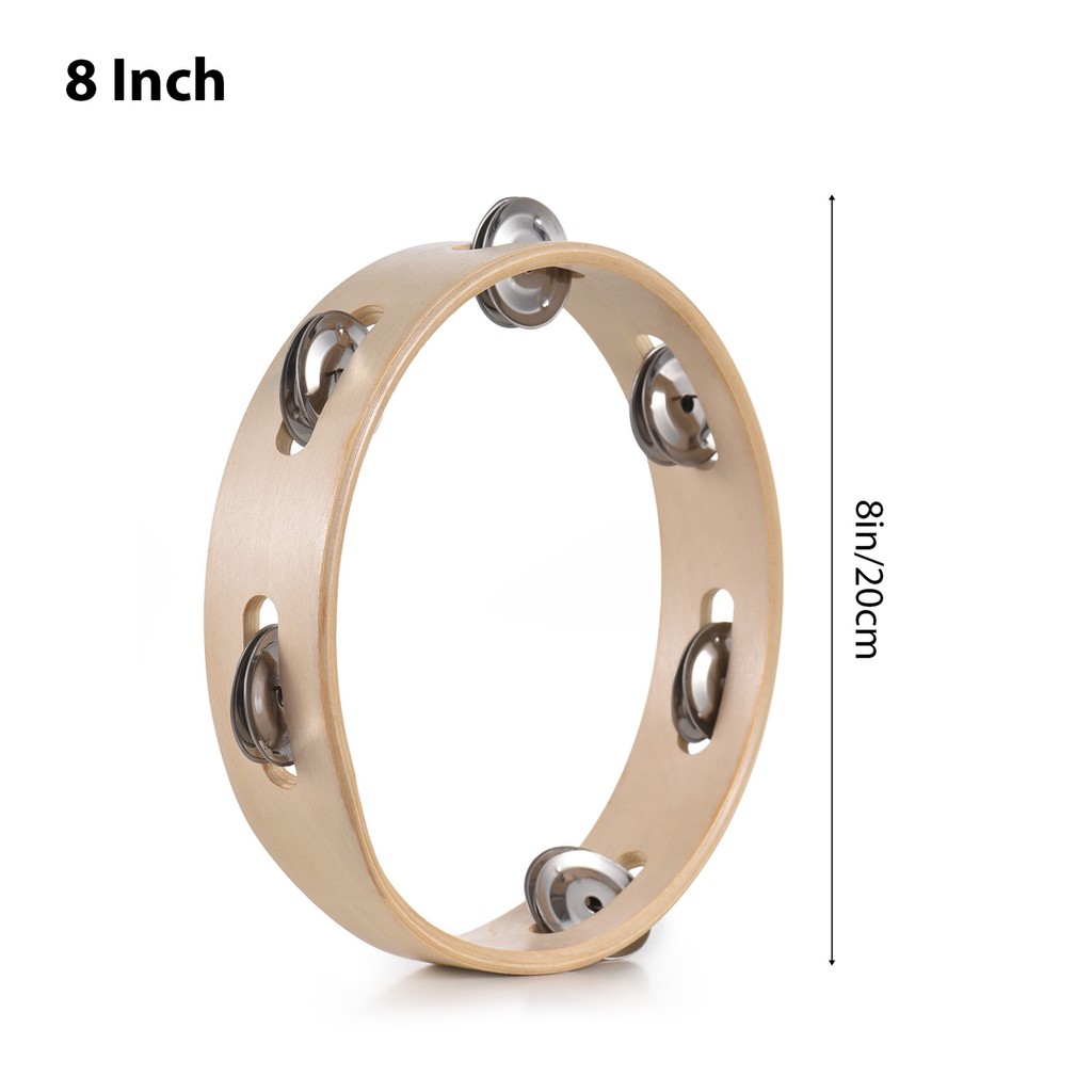 fgstbr Pandeiro De 8 Polegadas Para Adultos Belo Som Jingle Anéis De Sino Com Manivela De Madeira Cor Natural Instrument