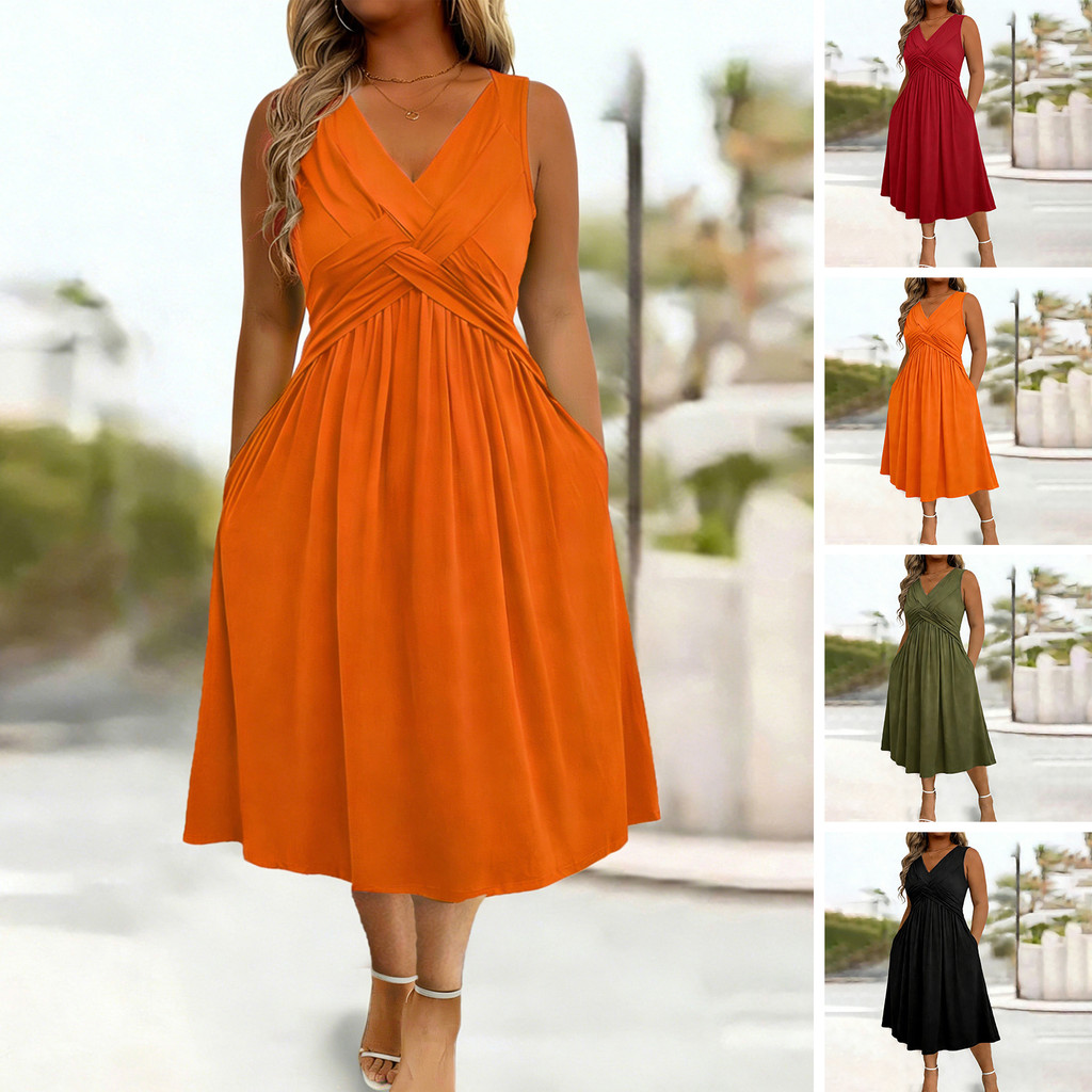 [CTO] Vestido Feminino Sem Mangas De Verão Plissado Com Decote Em V Midi Respirável Casual Bainha Oscilante Acima Do Tor