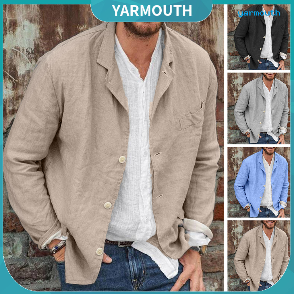 [YAR] Camisa Jaqueta Solta Terno Top Masculino Gola Botão Cor Sólida De Linho De Algodão Primavera Verão Blazers Casuais