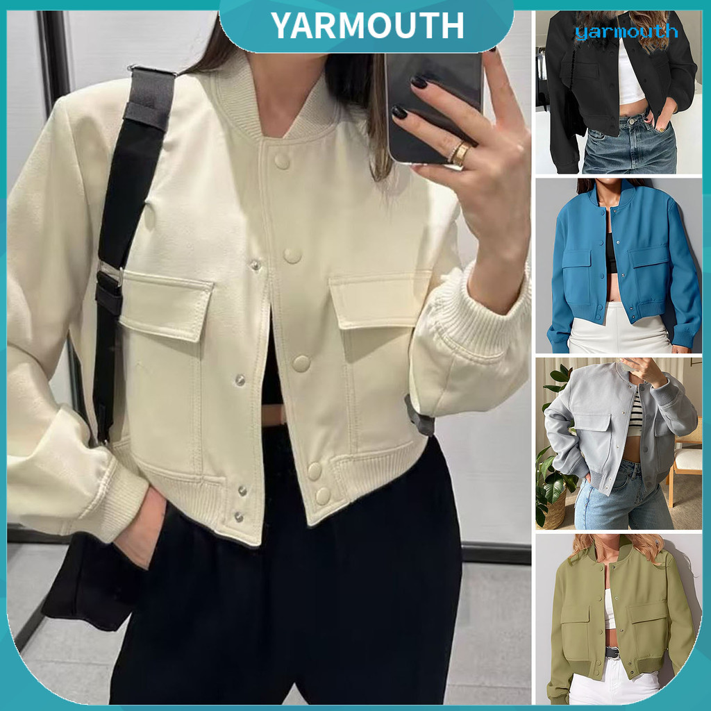 [YAR] Jaquetas Femininas Cortadas Com Gola Varsity Shacket Casaco Casual Botões Manga Comprida Primavera Outono Agasalho