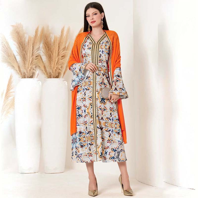 Eid Marrocos Vestido Muçulmano Feminino Estampa Floral Abaya Dubai Árabe Vestidos Longos Kaftan Roupas Islâmicas Robe De
