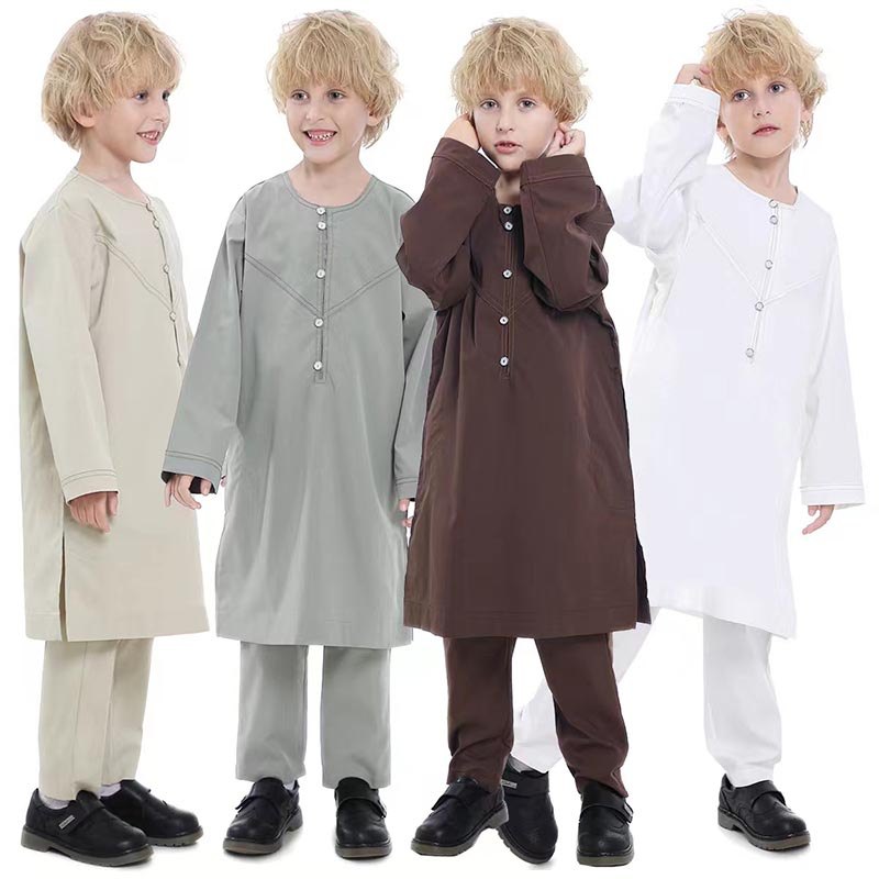 Crianças Muçulmanas Jubba Thobe Árabe Menino Abaya Ramadan Vestido Calça Conjunto 2 Peça Caftan Robe Kaftan Musulman Con