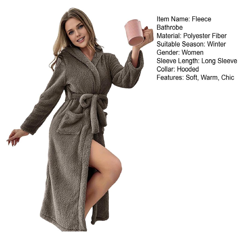 [hica] Robe Longo Feminino De Pelúcia Com Cinto , Roupão Felpudo E Macio Capuz , Fofo , Grosso , Quente , Roupa De Dormi