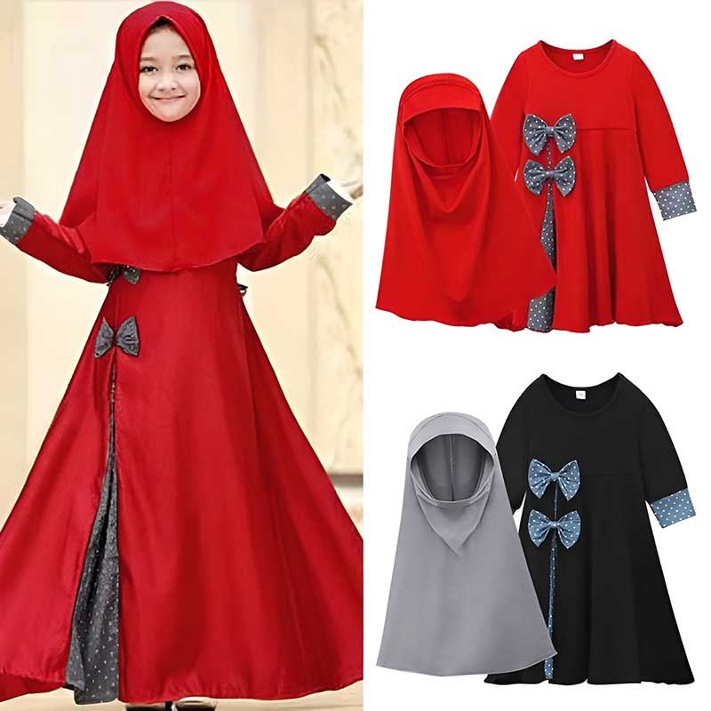 2 Pçs Meninas Muçulmanas Abaya Arco Hijab Vestido Conjuntos Tradicional Turquia Kaftan Árabe Robe Islam Roupas Dubai Eid