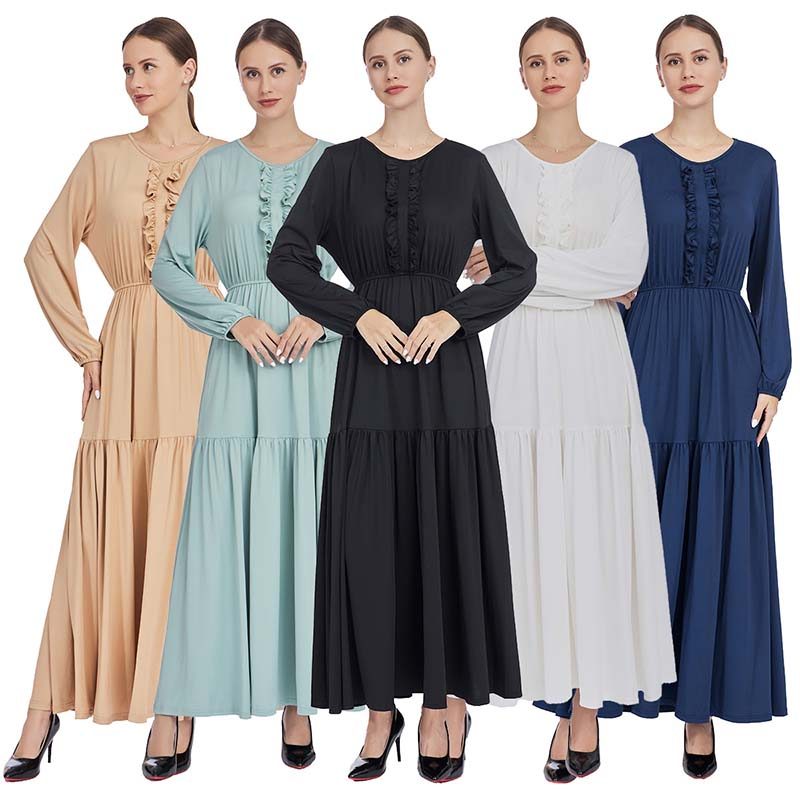 Mulheres Muçulmanas Babados Vestido Longo Cor Sólida Abaya Dubai Kaftan Eid Jalabiya Robe Árabe