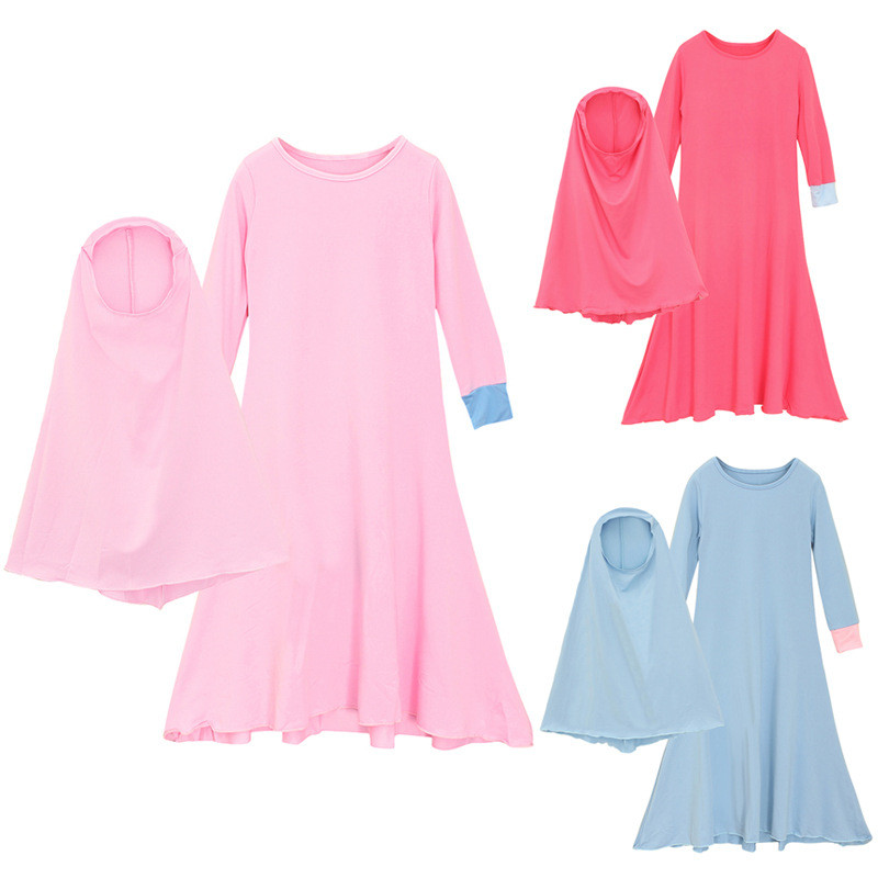 2 Pçs Muçulmano Crianças Meninas Kaftan Abaya Vestido Islâmico Hijab Cachecol Manga Longa Maxi De Oração Burka Vestidos